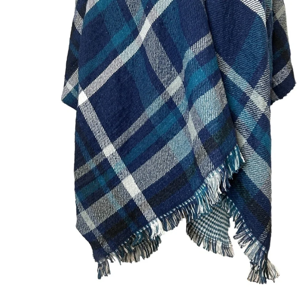Steve Madden Blue Turquoise Reversible Plaid Houndstooth Shawl Scarf Wrap - Picture 10 of 13